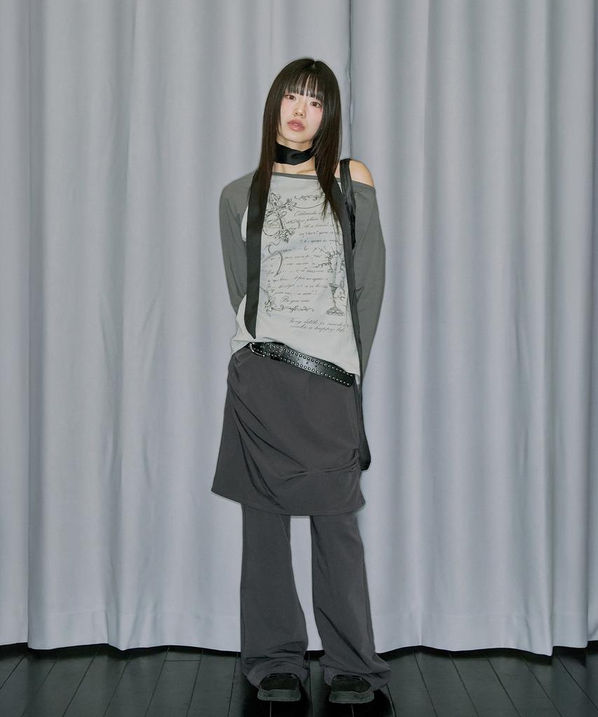 ODDSTUDIO Cross Ornament Off-Shoulder Raglan Long Sleeve - Ash Gray
