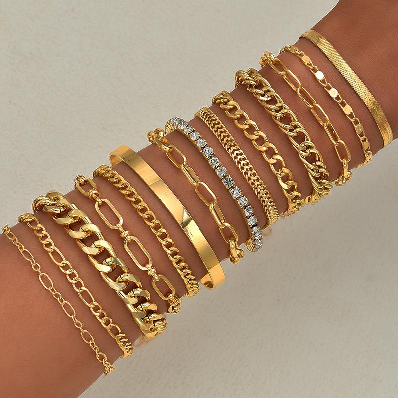 

14pcs Elegant Minimalist Multi-Element Metal Chain Bracelet Set Vintage Rhinestone Twist Chain Metal Bracelets For Women Jewelry