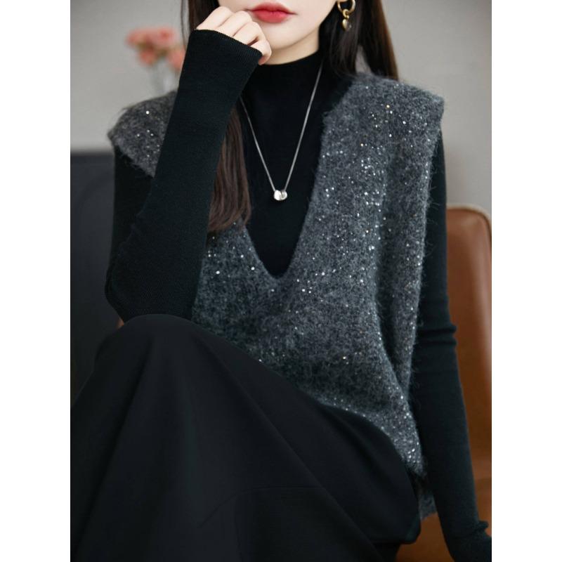 French Style V Neck Sequin Sleeveless Knit Vest Women Casual Layering Top