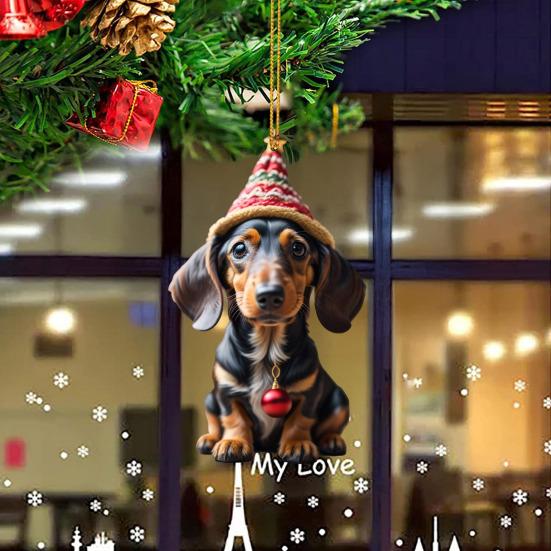 1/7Pcs Christmas Acrylic Dachshund Hanging Decoration Car Rearview Mirror Xmas Tree 2D Flat Santa Hat Dog Hanging Ornament Holiday Party Pendant