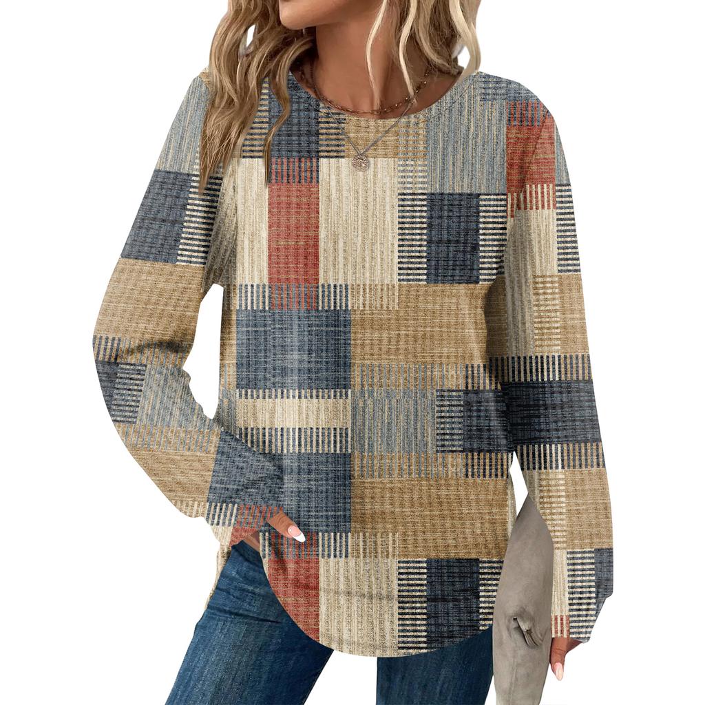 Women's Plaid Print Round Neck Long Sleeve Casual Loose Top