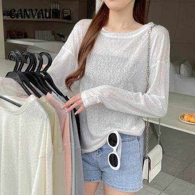 Summer Women's Loose Long Sleeve Blouse Bottom Shirt Thin Round Neck Sun Shirt Pullover Air Conditioner Hoodie