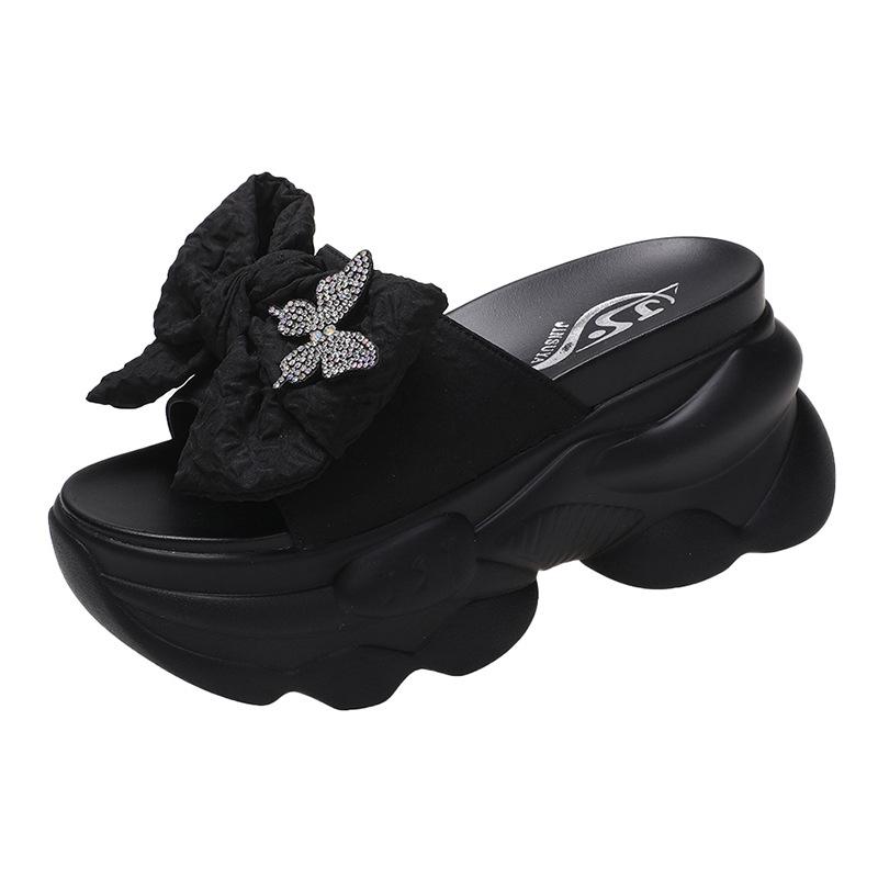 

Модные тапочки со стразами и двойным бантом, удобные женские туфли на платформе для отдыха на открытом воздухе 2024 года, летние женские туфли на высоком каблуке 40 чёрный