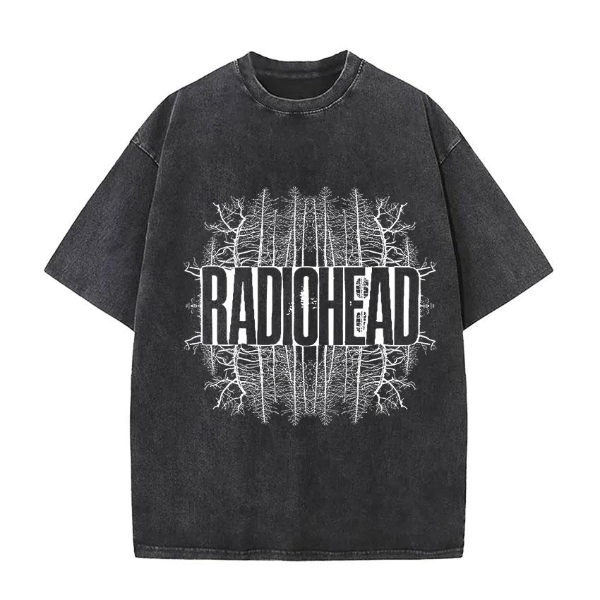 Vintage Washed Radiohead Tour  Print T Shirts Men Women Hip Hop Loose Pop British Rock Short Sleeve Tshirt Punk Streetwear