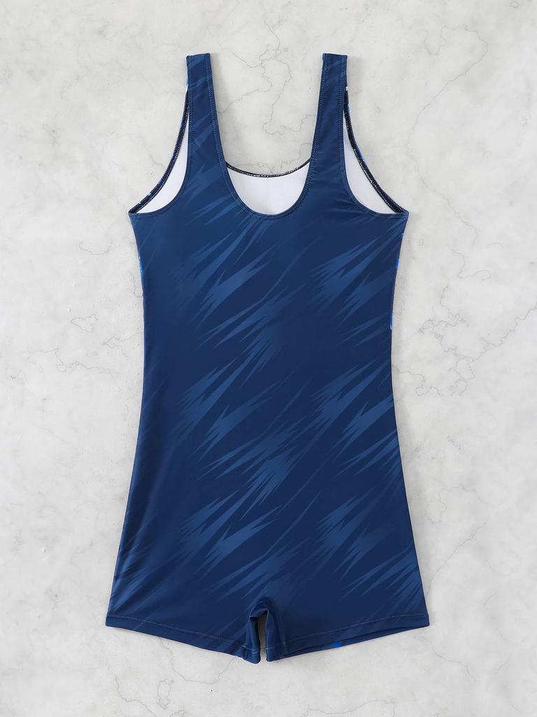 2026 Women's Sporty One-Piece Boyshort Swimsuit - European & American Printed Edition, Conservative Beach Swimwear