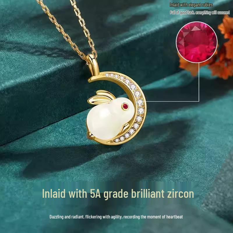 Moon Rabbit S925 Silver Jade Necklace - Elegant Clavicle Chain Gift for Women