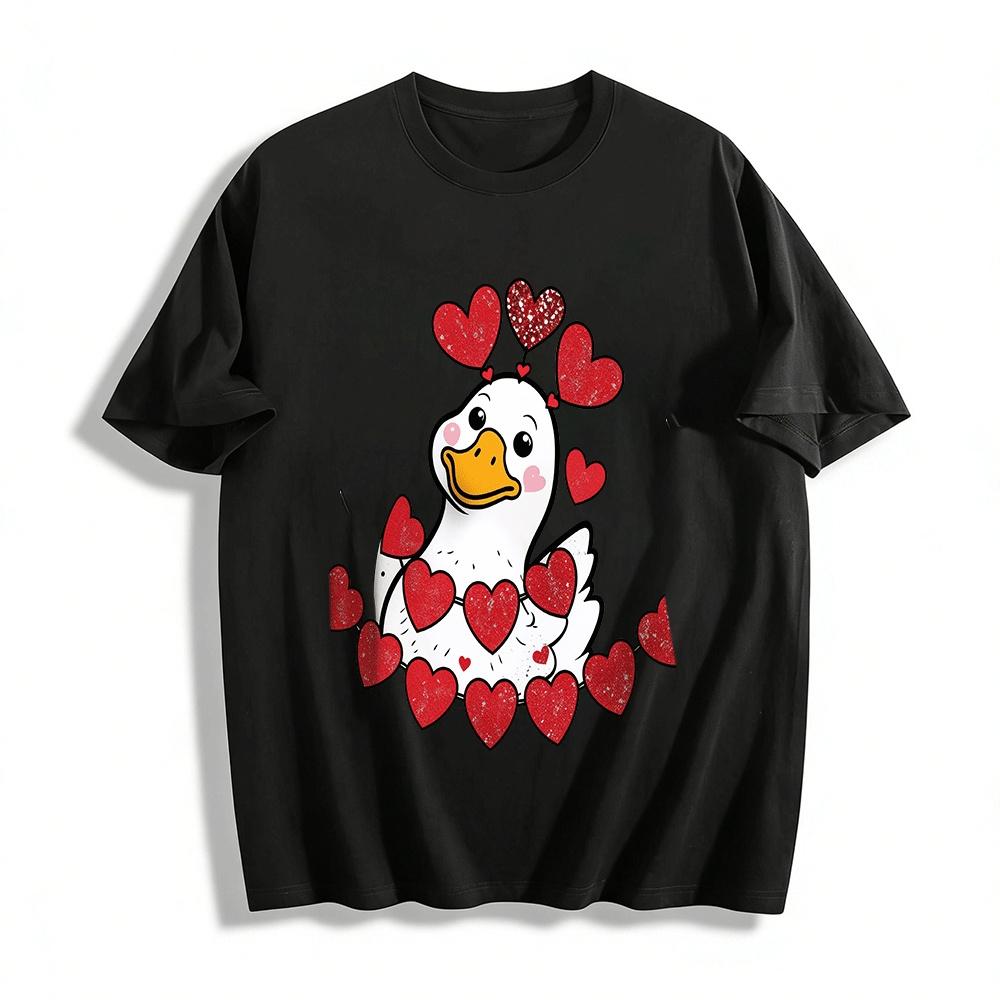 

Cute Duck With Glitter Hearts Graphic Casual Top Pure cotton T-shirt 6XL