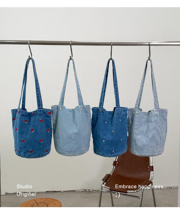 Korean Canvas Embroidered Denim Bucket Bag - Summer 2026 Women's Casual Handbag