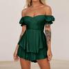 Sexy Women's Off Shoulder Solid Color Short Sleeved Pleated Layer Back Zip Short Jumpsuit