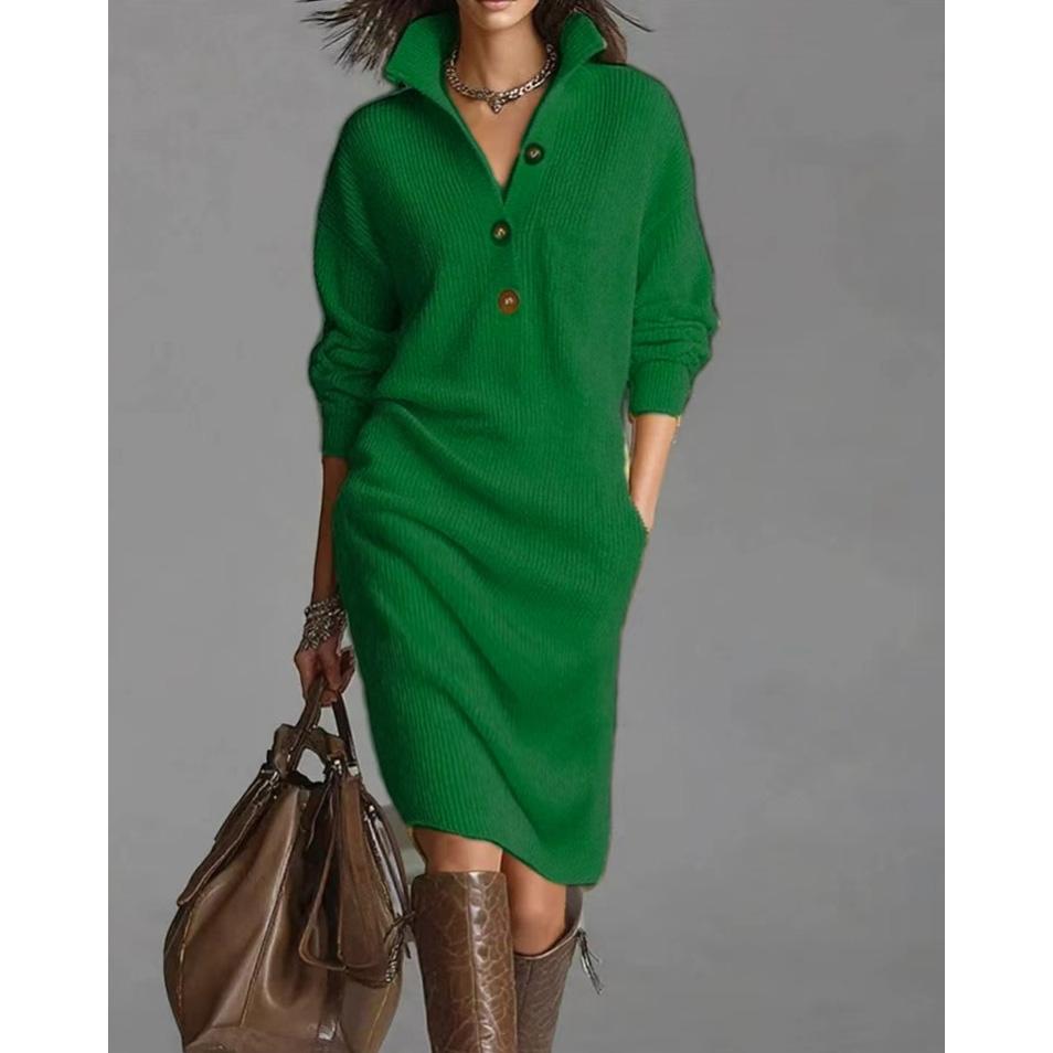 Autumn Casual Button Loose Straight Knitting Mid-Length Sweater Dresses Women's Fashion Lapel Long Sleeve Pocket Party Dress