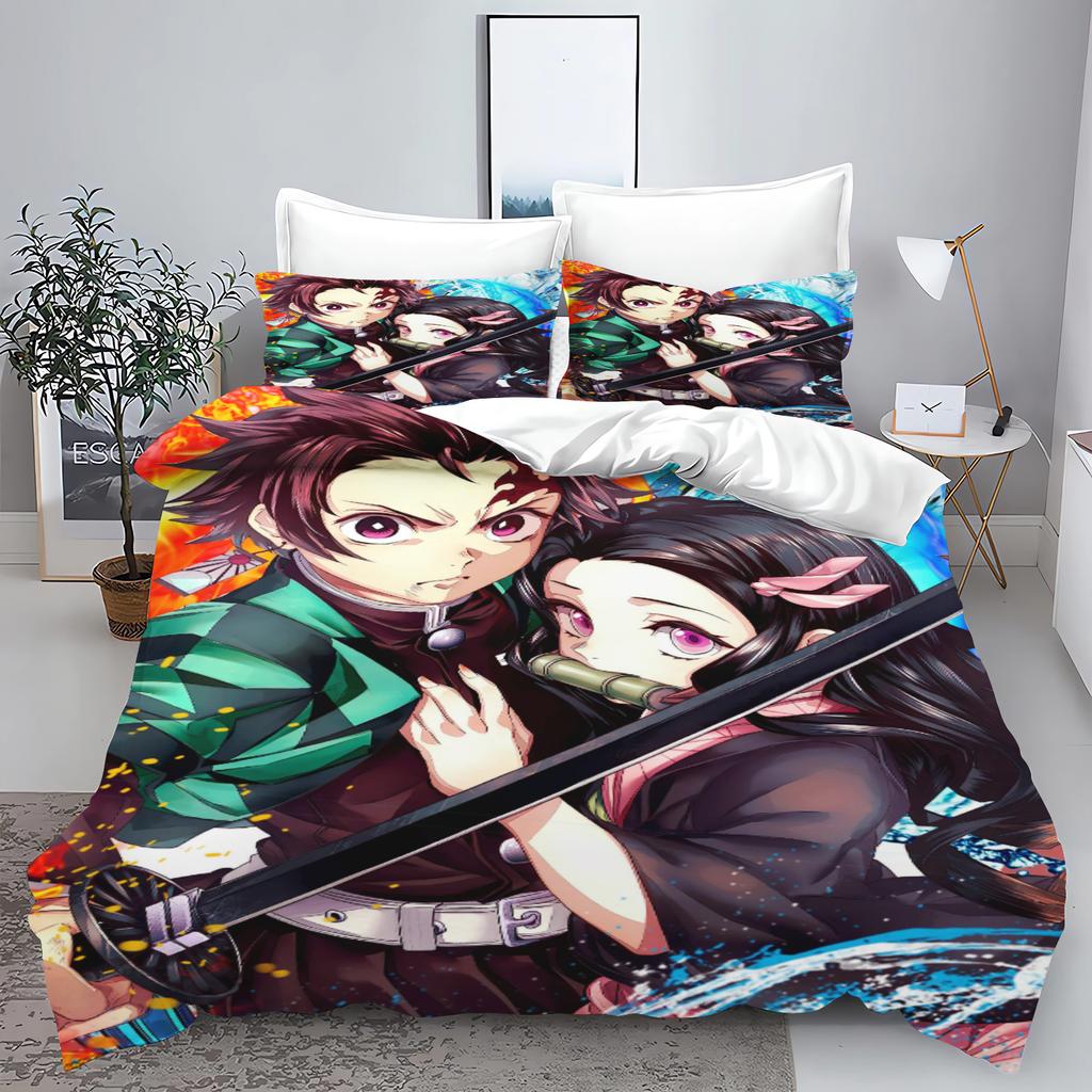 Demon slakter: Kimetsu no Yaiba kamado Nezuko Anime 100% Polyester Sengetøy Sett Dynetrekk Sett Trykt Tegneserie Hjemmeinnredning