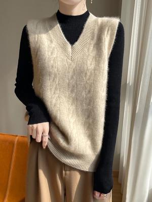 Gilet de luxe en laine torsadée à col en V pour femme - Collection Automne/Hiver