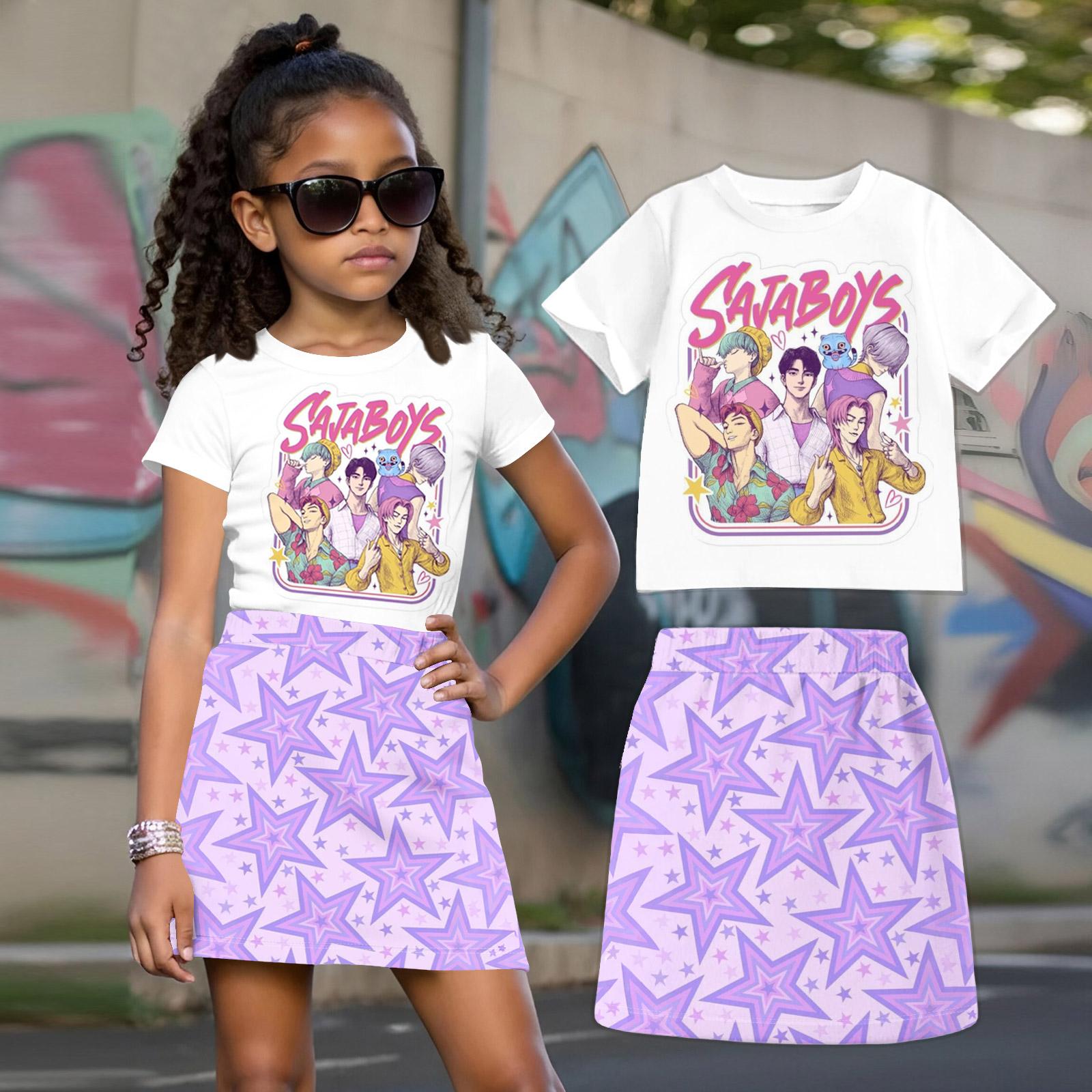 Witch Children s Printed Loose Casual Fashion Round Neck Short sleeved Top+Short Skirt Set 160