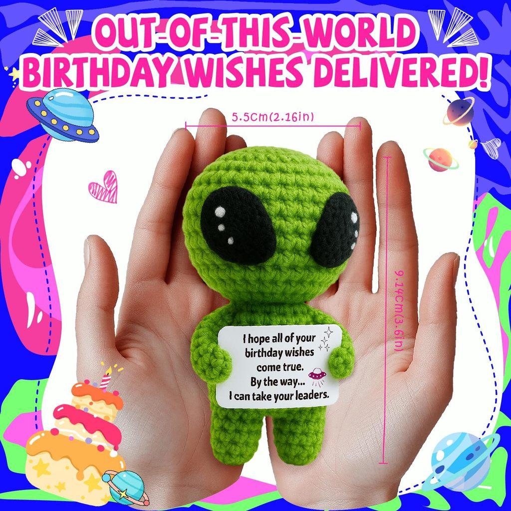 Grünes Alien Positives Häkeltier Puppe Mit Karte Schreibtischschmuck Emotionale Unterstützung Handgefertigt Gestrickt Aufmunterungsspielzeug