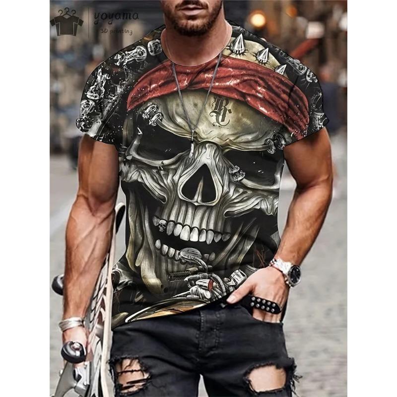 Hot Selling Summer Men's Halloween Horror Skull Print Comfortable and Breathable Round Neck T-shirt Outdoor Casual Party Top