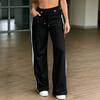 Women's High Waist Straight Leg Casual Pants with Tie Front and Patchwork - Loose Fit Color for Everyday Wear