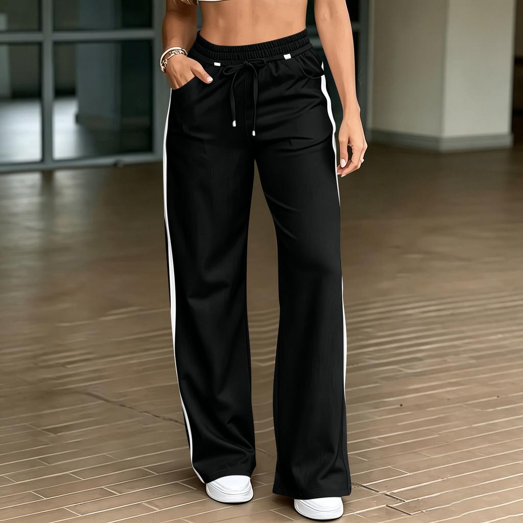 Women's High Waist Straight Leg Casual Pants with Tie Front and Patchwork - Loose Fit Color for Everyday Wear