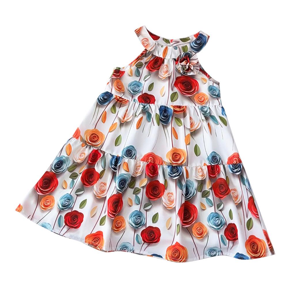 Fashion New Girls' Dress Summer Sleeveless Halter Neck Floral Print Children's Dress Korean Style Hot-Selling Kids' Clothing