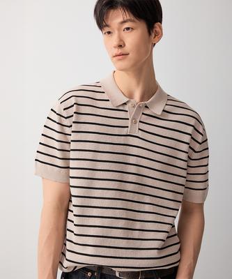 Seupao [100% Cotton] Collared Neck Striped Short Sleeve Knit_Spkwg25M03