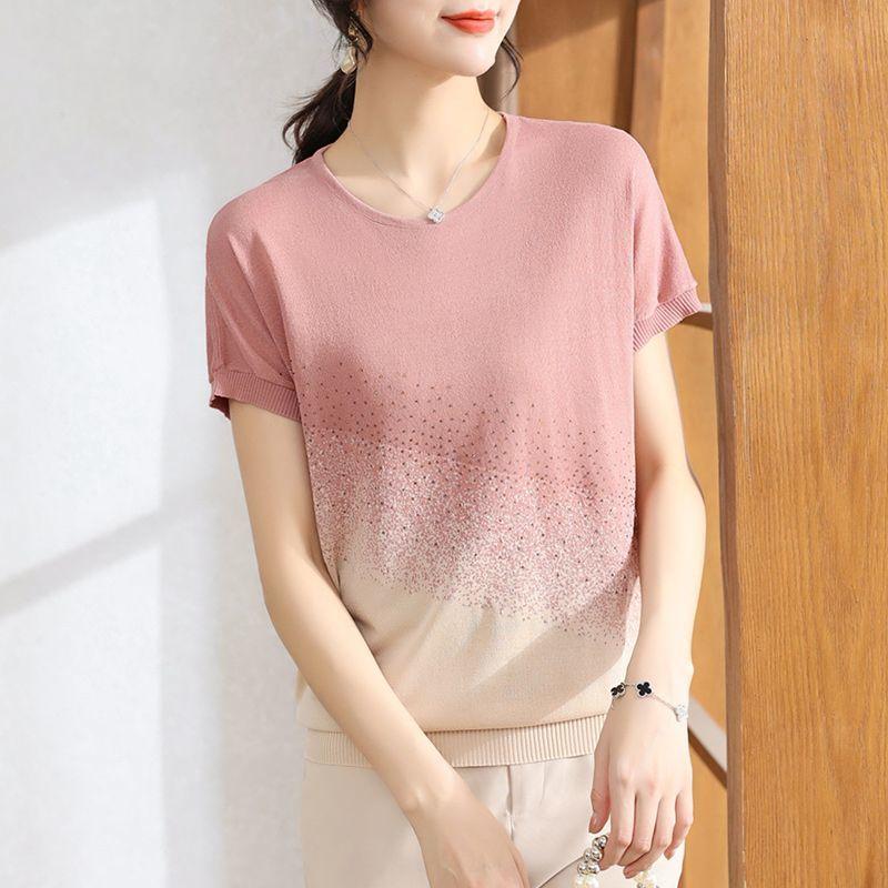 Women's Knitted T-shirt Ice Silk Short Sleeved Round Neck Top for Middle-aged and Elderly Women's Clothing
