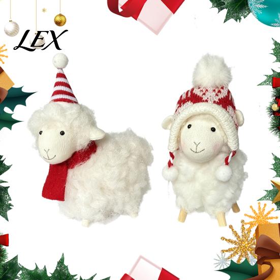 Plush Lamb Decorations White Sheep Christmas Ornament, Cute Knit Hat Tabletop Decoration, Soft Artisan Crafts Fabric Hanging Pendant for Tree, Holiday