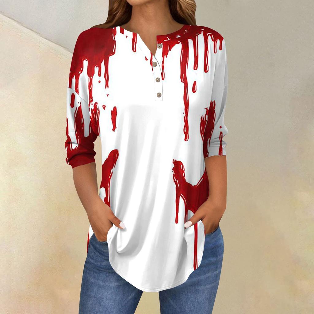 Women's Fashion Loose Button Collar Halloween Print Long Sleeve T-Shirt Top Pullover