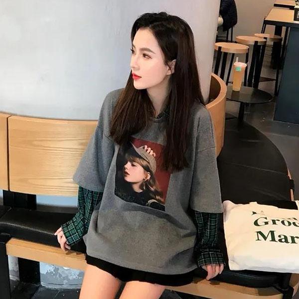 

Искусственные топы из двух частей, женский весенне-осенний тонкий свитер с длинными рукавами, большой размер, свободный пуловер в клетку с принтом S серый