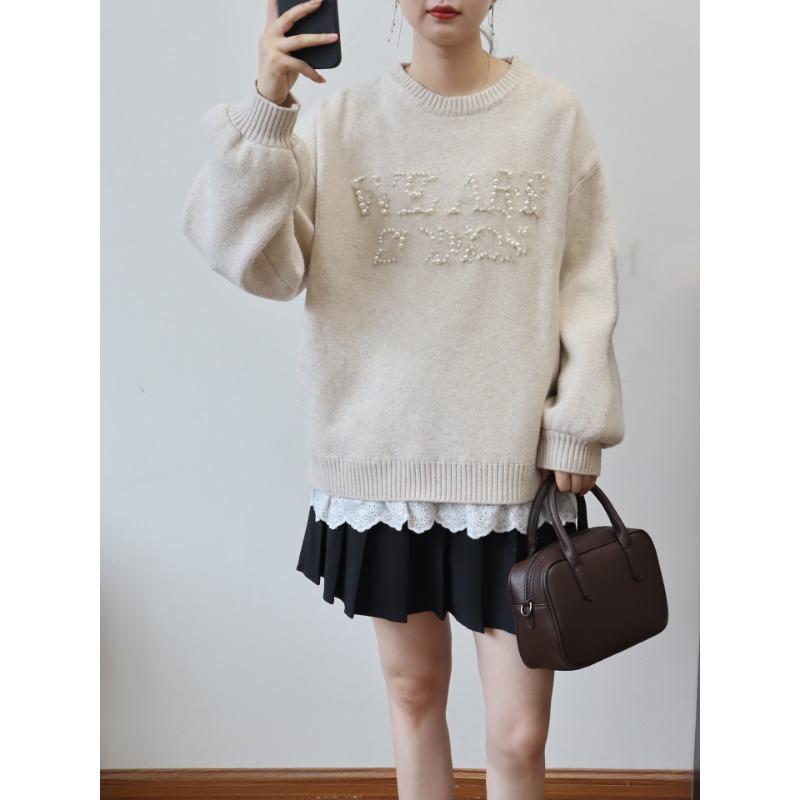 Bead Letter Splicing Fake Two-piece Knitted Sweater Top Autumn and Winter New Loose Casual Sweater Pullover Women