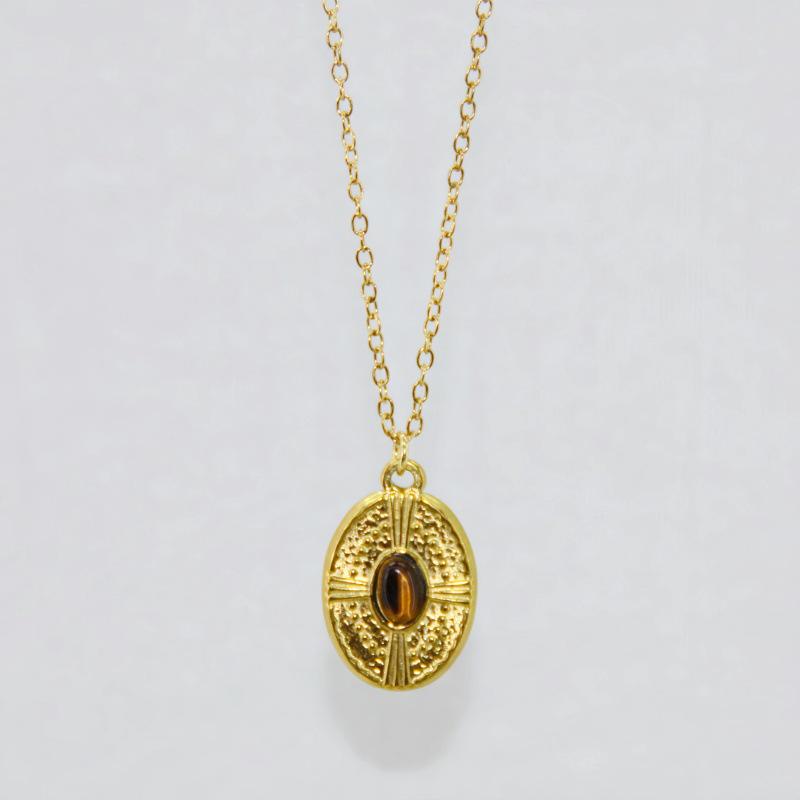 Retro Turquoise Inlaid Stainless Steel Necklace with Embossed Round Pendant for Women