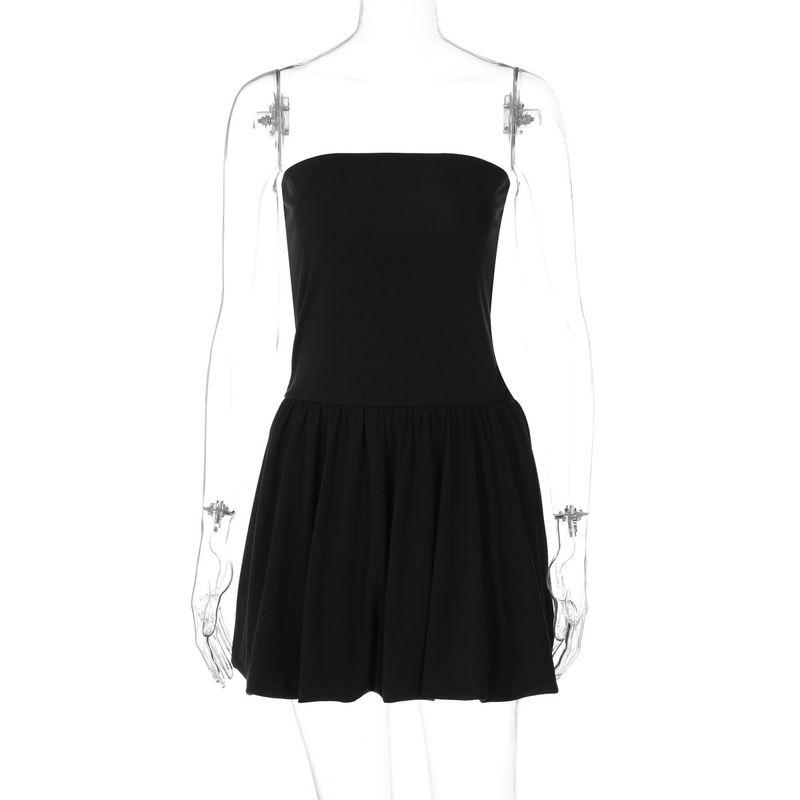 Solid Color Waist Cinching Strapless Dress Pure Color Girdle Tube Top Dress