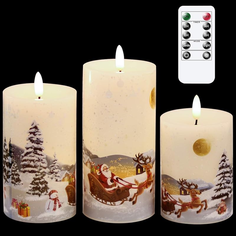 GenSwin Christmas Snowman Flameless Candles Flickering Battery Operated with Timer, Real Wax Led Pillar Candles Warm Light, Christmas Snowman Deer