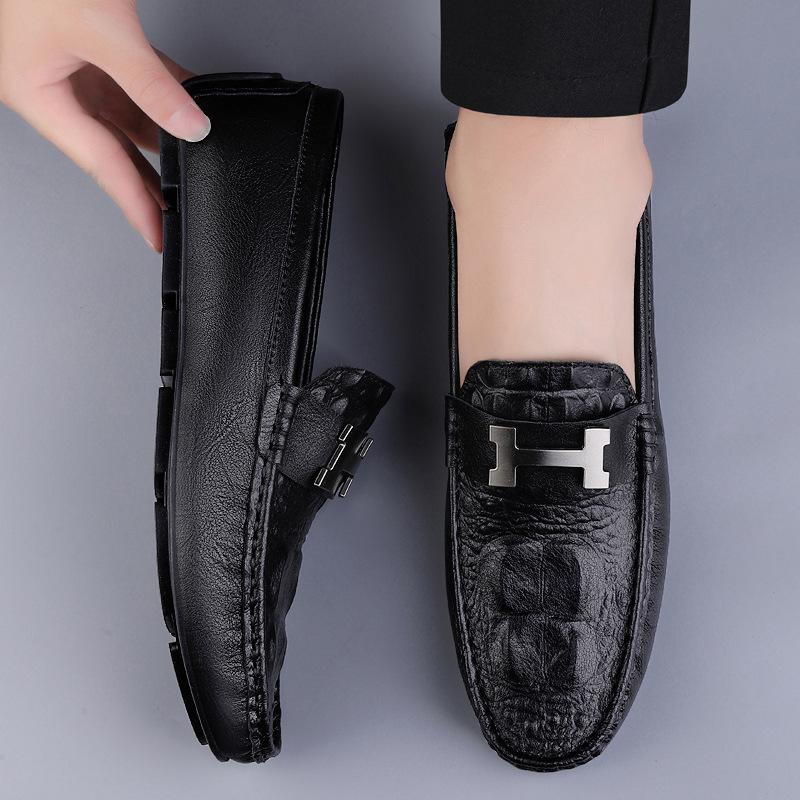 Leer live uitzending krokodillenpatroon beanie schoenen grote maat luie rijschoenen Britse casual schoenen rundleer