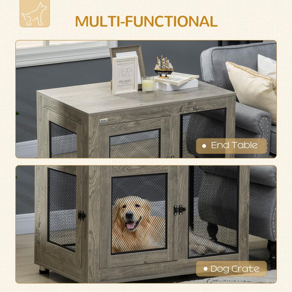 2-in-1 Dog Cage & Side Table, with Two Doors, Cushion, for Large Dogs