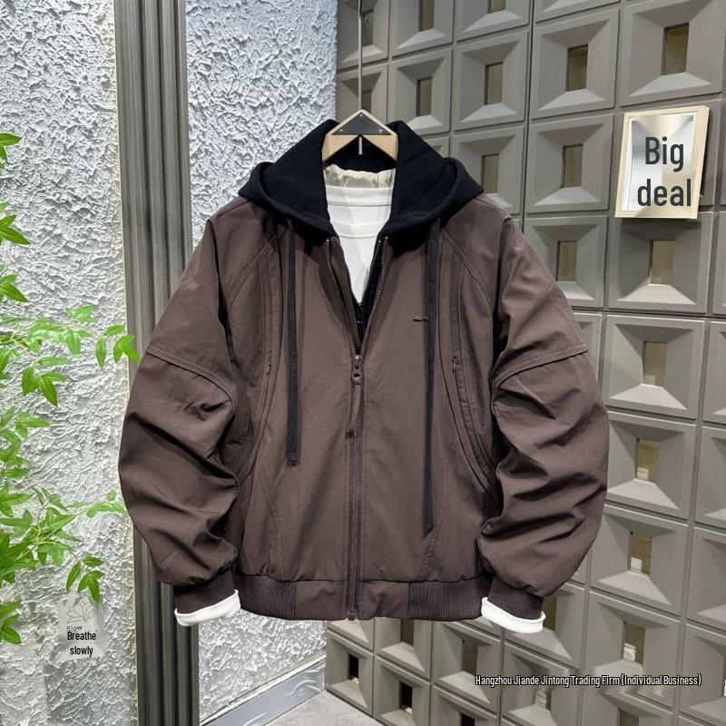 Autumn/Winter Hooded Cotton-Padded Faux Two-Piece Jacket - 2025 Trendy Loose Casual Windbreaker Coat