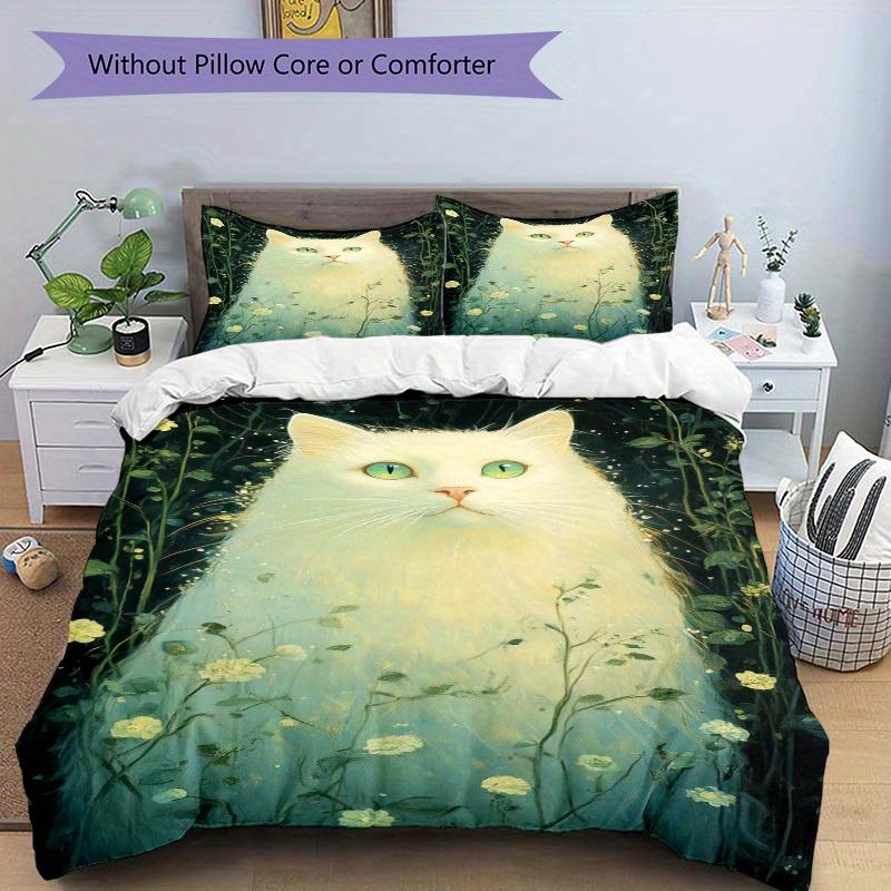 3pcs Cat Flowers Bedding Set Down Comforter Cover and Pillowcases, Suitable for Guest Room Home Decoration All Seasons(No Insert) S0819044