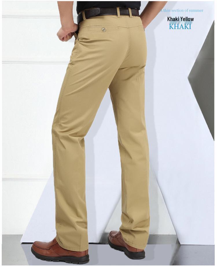 Men's Plus Size High Waist Cotton Work Pants - Summer Lightweight Casual & Formal Straight Leg Trousers for Middle-Aged & Elderly.