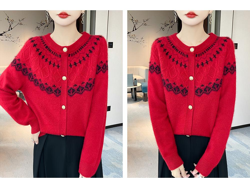 Women's Autumn-Winter Color Block 100% Wool Jacquard Cardigan – Round Neck, Age-Reducing, Versatile Knitwear
