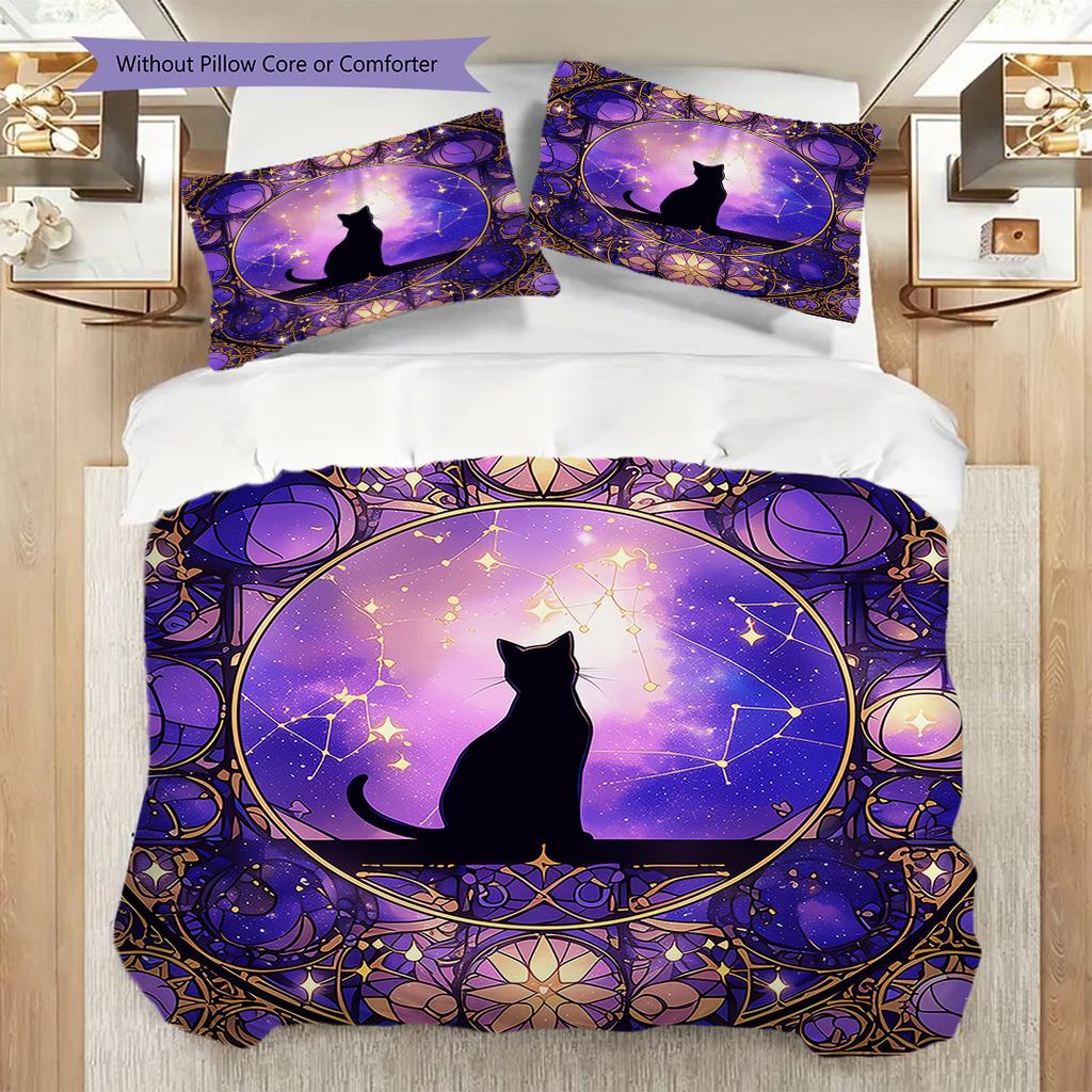 Black Cat Pattern Bedding Quilt Set Quilt Cover Pillowcase Home Decoration Birthday Gift (1 * Duvet Cover + 2 * Pillowcase, Without Core)