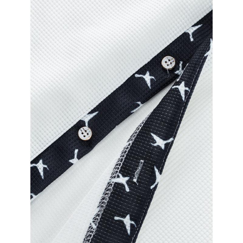 Camicia da uomo a maniche corte con revers, tessuto a quadretti fini, inserto con stampa di uccelli, bottoni, casual, top estivo quotidiano