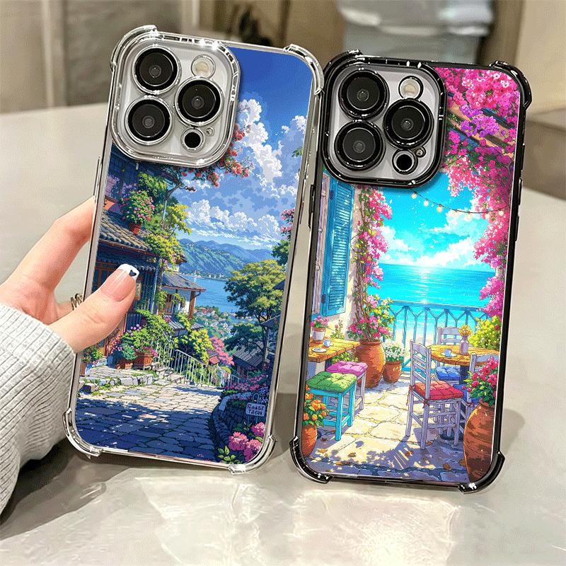 Anime Aesthetic Scenery Plating Phone Case For Iphone 16 17 Pro Max Air 16E 14 15 Plus 12 13 Mini Anti-Fall Airabag Cover