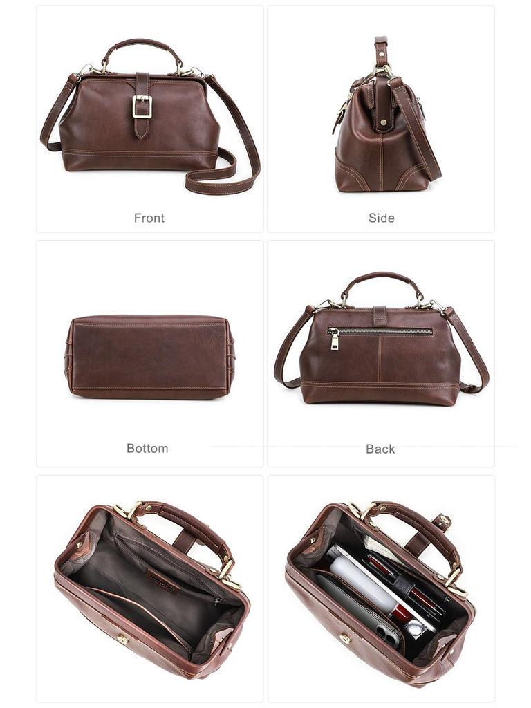 Full-Grain Cowhide Convertible Women's Shoulder Handbag with Metal Hinge Buckle