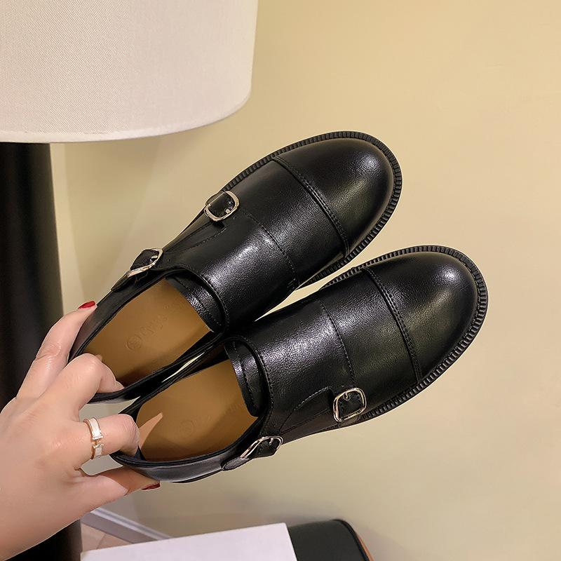 Autumn and winter new Hatton College shrinkage horse leather double buckle round head thick heel British style leather shoes