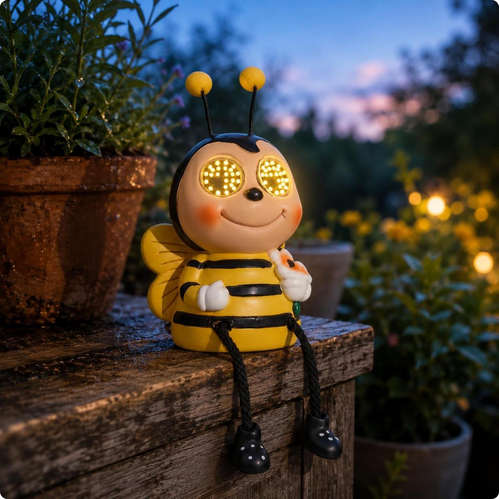 Solar Dekofigur PLA Zwinkerndes Tier Lichtpunkt Augen Harz Gartenstatue Biene brown