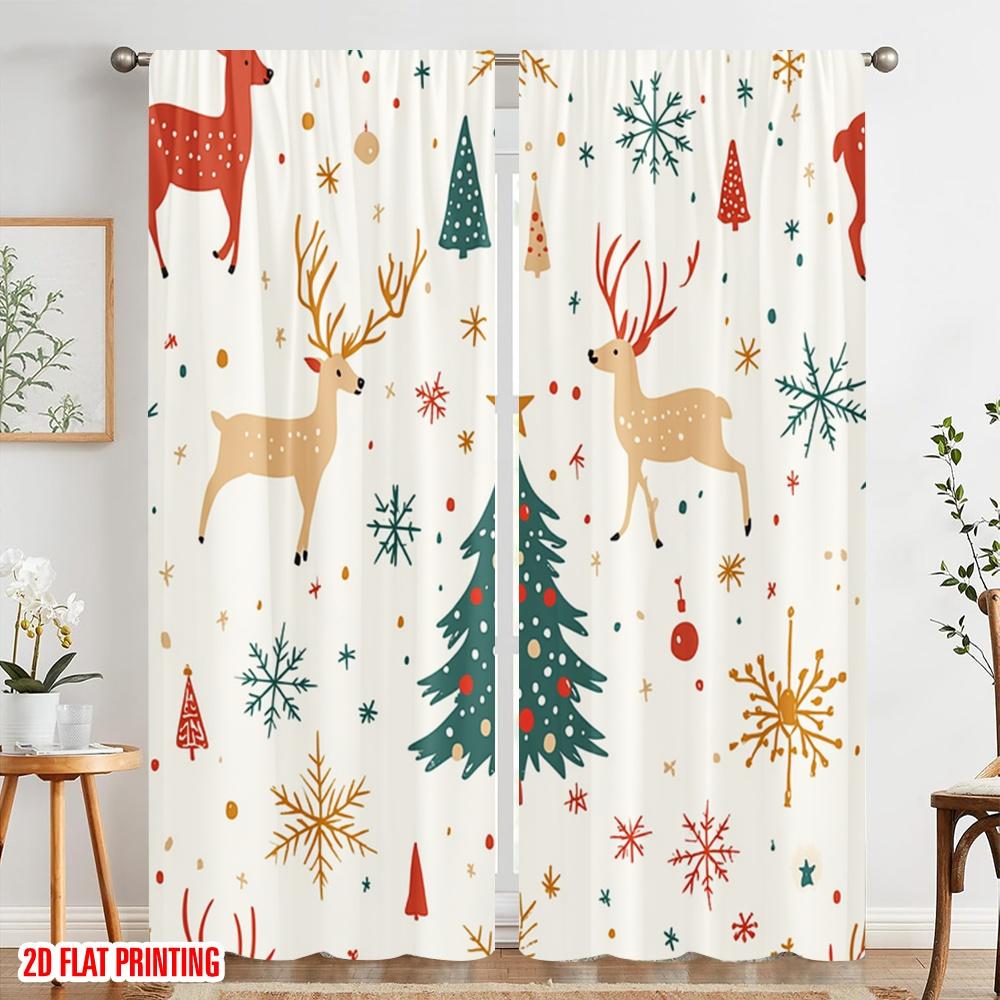 2pcs,2D Plane Printing Curtain Fabric Christmas Trees Snowflakes Deer Bauble (3) Versatile 100% Polyester (without Rod) Holiday