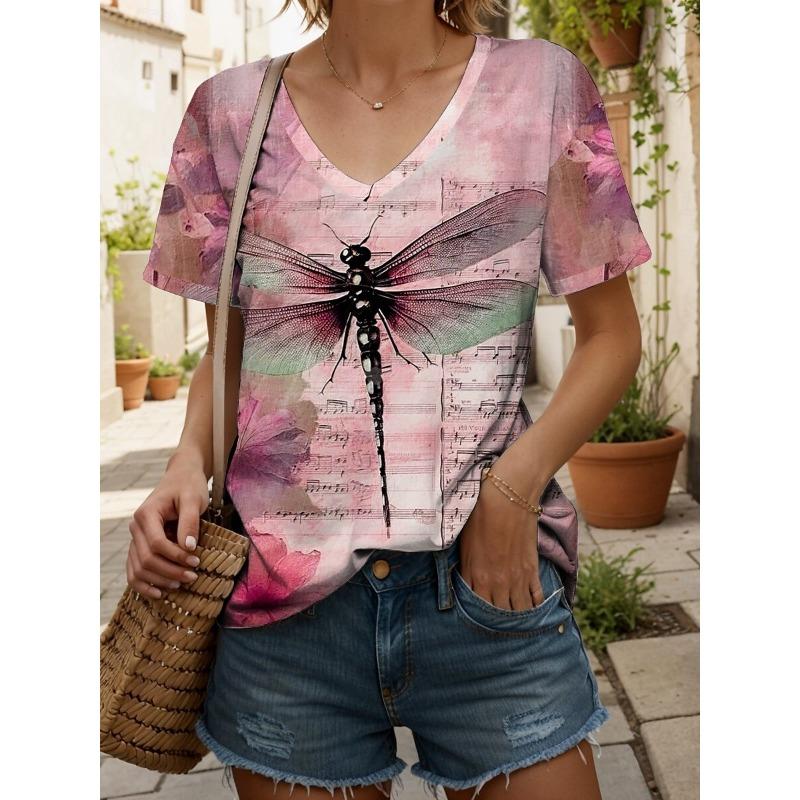 Women's T Shirt Graphic Animal Cat Vintage Stylish Classic Short Sleeve V Neck Regular Tops Daily Print Dusty Rose