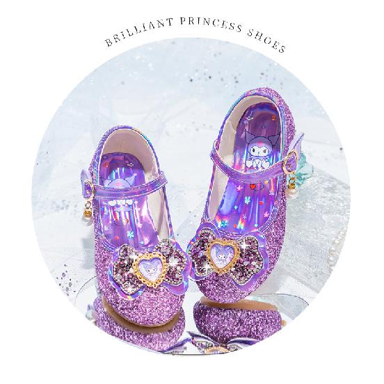 Buty księżniczki fioletowe Kuromi buty do występów dla dziewczynek małe dziewczynki buty na jeden sezon wiosna i jesień wysokie obcasy wybieg miękka podeszwa skórzane dla dzieci