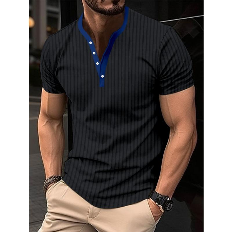 Mens Striped Contrast Collar Half Button Short Sleeve Casual T Shirt