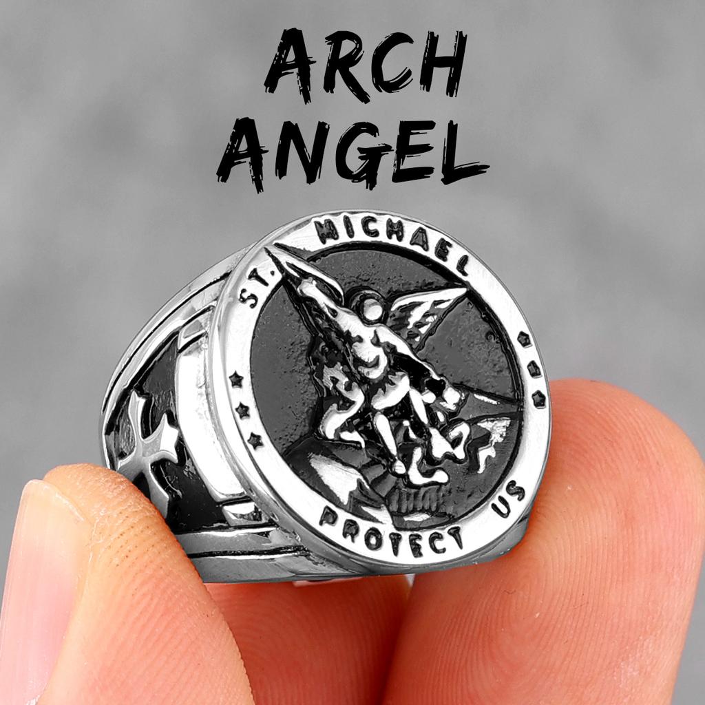 Archangel Saint Michael Exorcism Stainless Steel Mens Rings Punk Amulet for Male Boyfriend Jewelry Creativity Gift Wholesale