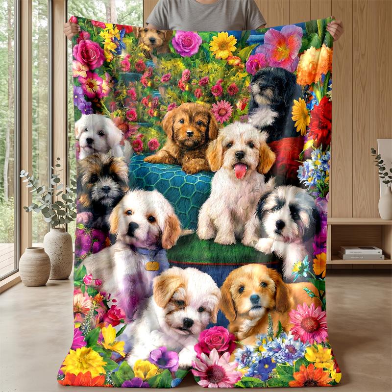 Floral Puppies Garden 3 Theme blanket Lightweight Warm Flannel Blanket Decorative Throw Blanket for Home Decoration
