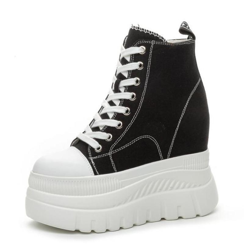 Fashion 12CM Spring New Thick-sole Heightened Waterproof Platform High-top Canvas Shoes Autumn Casual Daily High-heel Women's Shoes